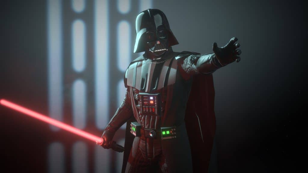 A dark-armored character, Darth Vader from Star Wars, with a helmet and red lightsaber, extending a hand in a dimly lit futuristic setting.