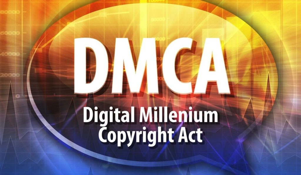 The words "DCMA Digital Millennium Copyright Act" are displayed inside a speech bubble, set against a vibrant background.