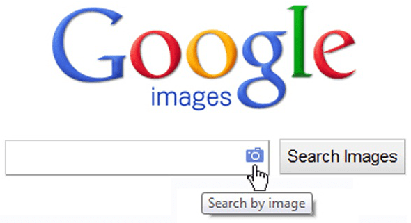 The hand cursor pointed to the camera icon in the Google Images search engine.