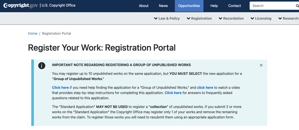 Registration Portal of US Copyright Office.