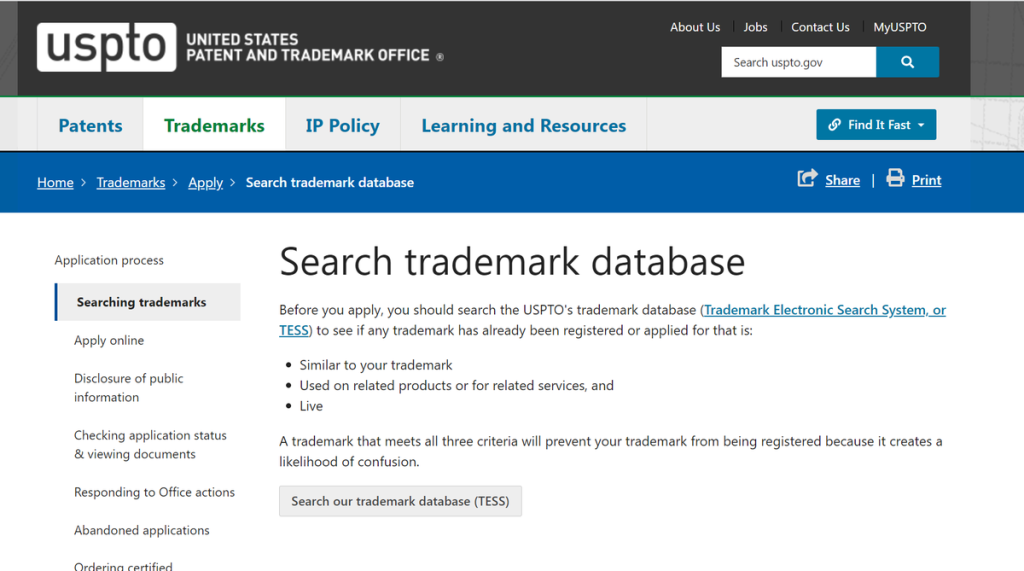 "Search trademark database" clauses in USPTO.gov website.