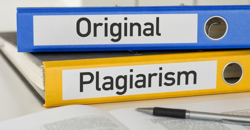 Two books stacked on top of each other - one labeled "original" and the other "plagiarism."