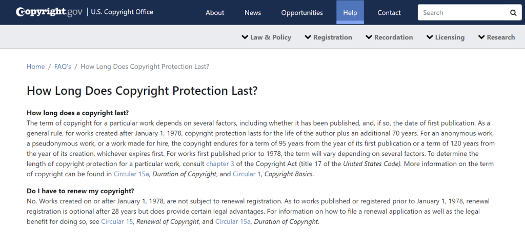 Screenshot from copyright.gov website