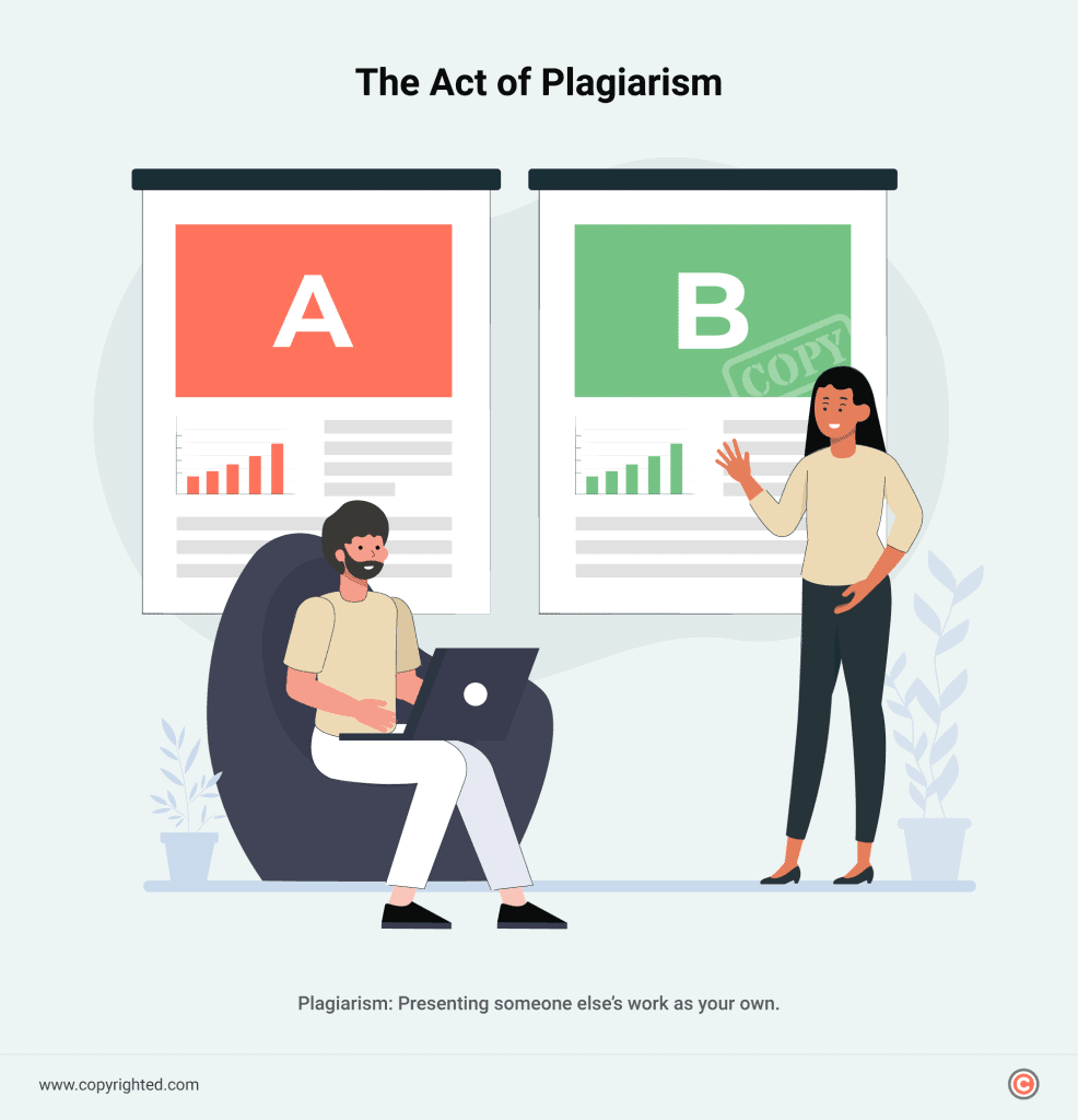The image depicts plagiarism, portraying the act of presenting someone else's work as your own.