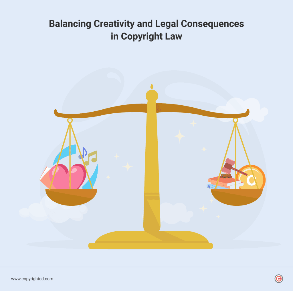 Graphic representation of balancing creativity and legal consequences in copyright law.