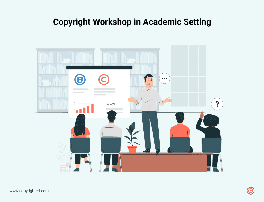 The image portrays a classroom scenario where a speaker conducts discussions during a copyright workshop in an academic setting