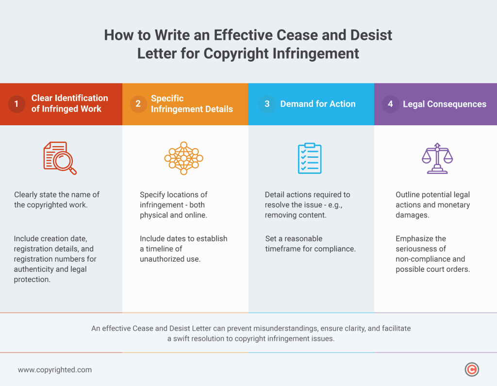 The infographic provides a concise guide on crafting an effective cease and desist letter for copyright infringement by focusing on four key components.