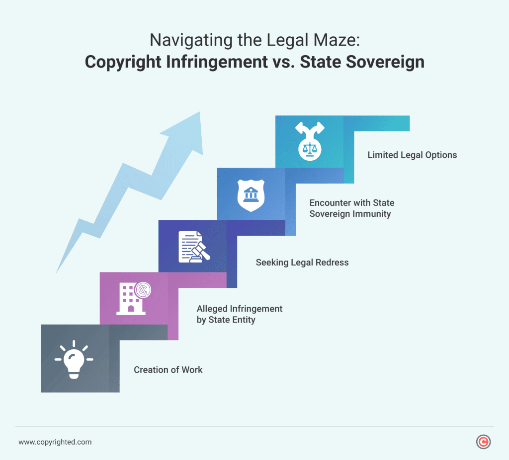 This infographic presents a visual representation of the legal process flow chart, simplifying the complexities associated with copyright infringement and state sovereignty.