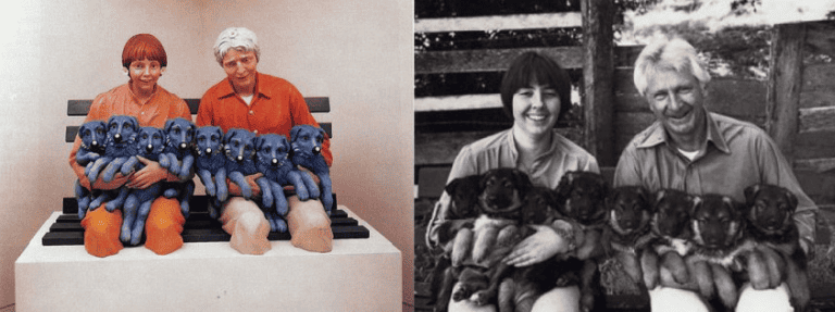 Art Rogers photograph vs Jeff Koons's sculpture of a man and woman with their arms full of puppies.