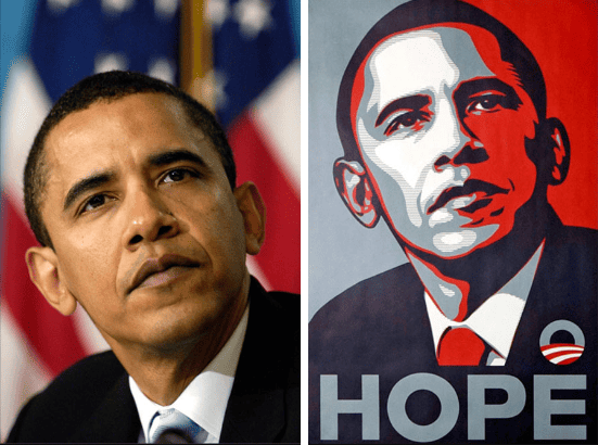 Photograph and poster artwork of Barack Obama.