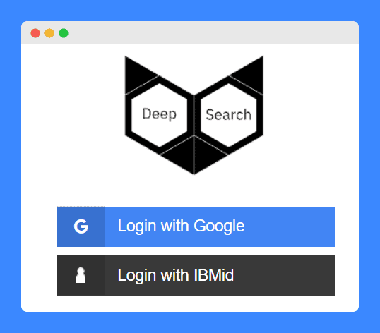 Login page for Deep Search featuring options to log in with Google or IBMid, and a hexagonal logo with 'Deep' and 'Search' written inside.