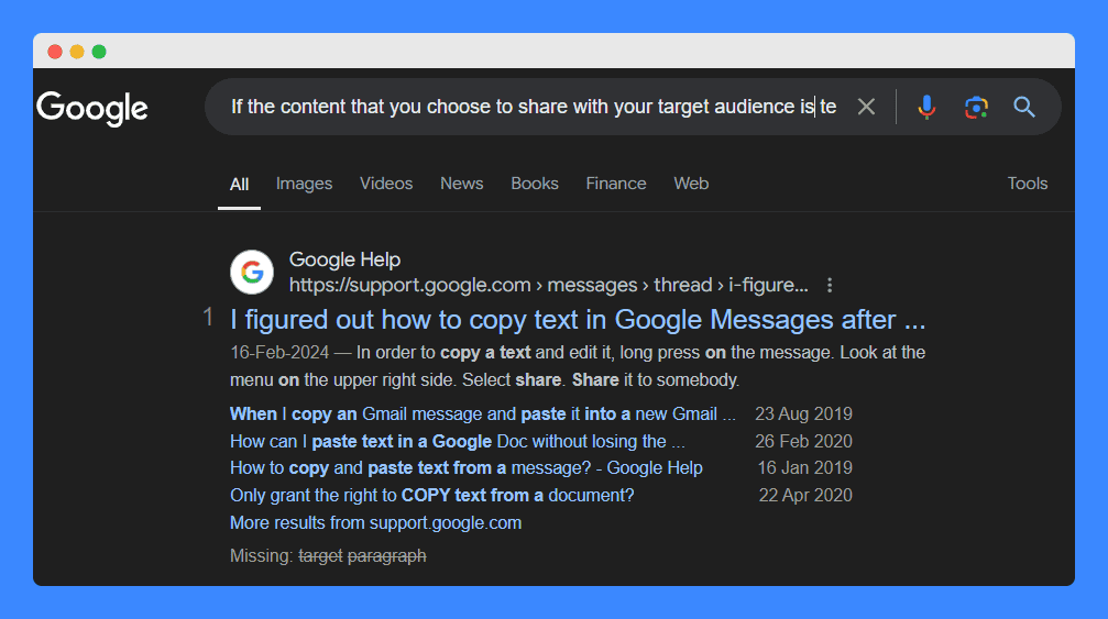  Google search results page showing a query about content sharing with a target audience, displaying a top result from Google Help related to copying text in Google Messages.