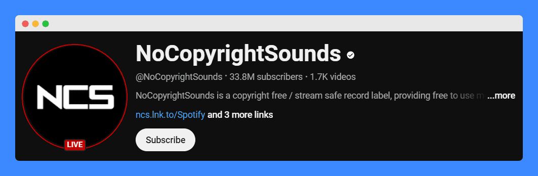 YouTube channel page for NoCopyrightSounds on a black background.