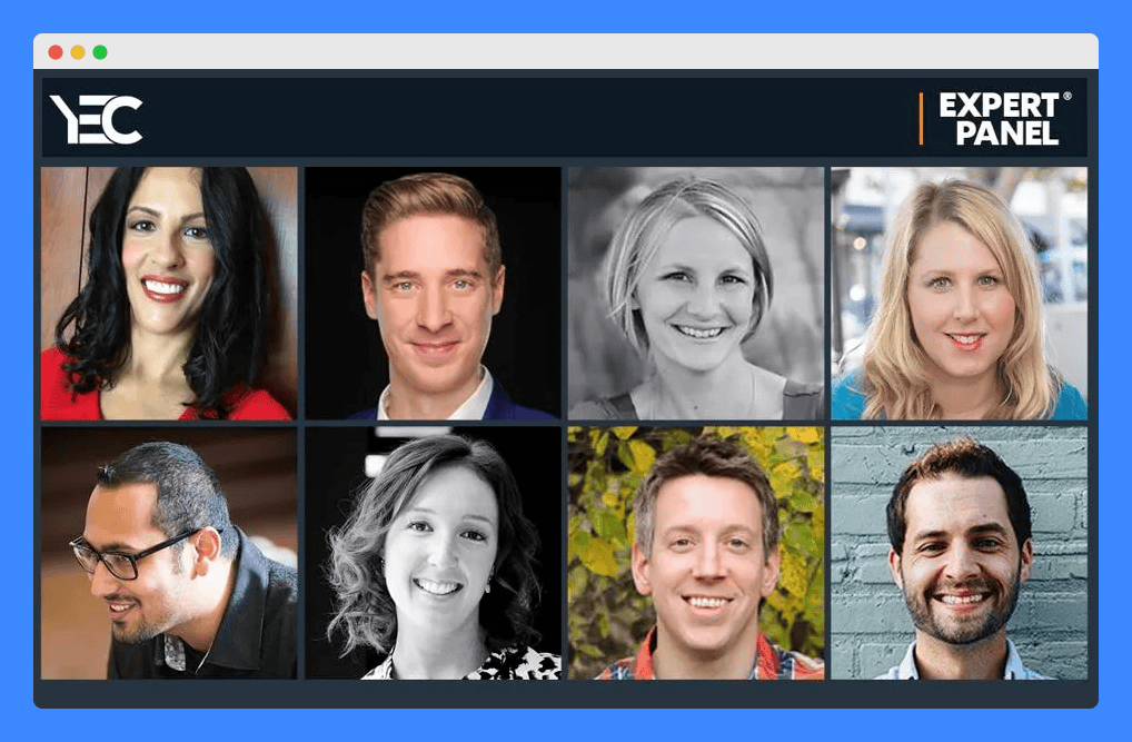 Grid of eight expert panel members from the Young Entrepreneur Council, displaying professional headshots of various individuals.